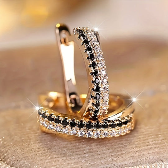 Golden Modern Hoop Earrings with Zirconia